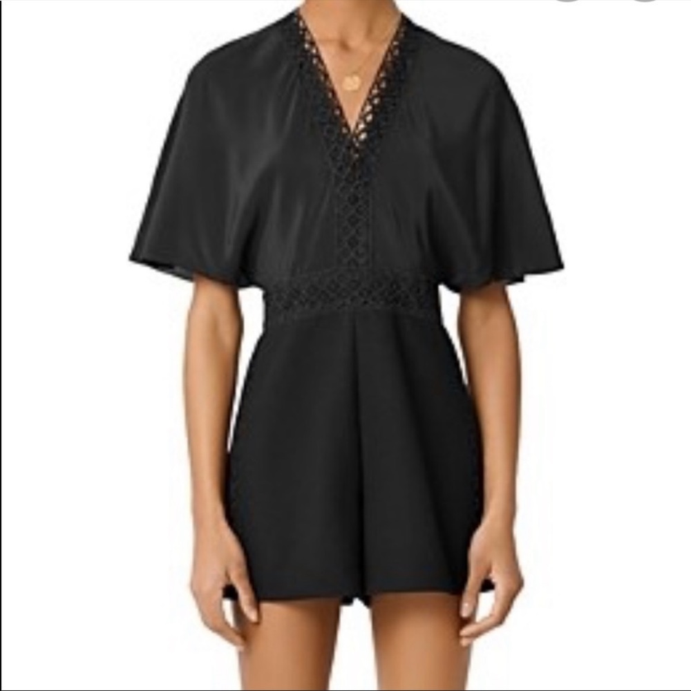 Maje Idelle Lace Trim Short Sleeve 100% Silk Romper Black. Lining 100% Polyester